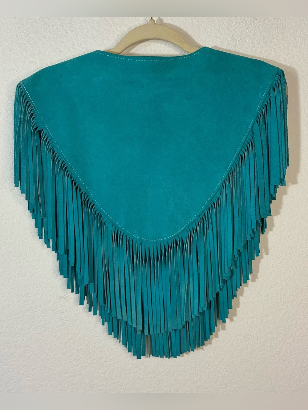 VINTAGE  HB TURQUOISE LEATHER FRINGE PONCHO - Picture 8 of 9
